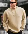 Erkek Düz Bisiklet Yaka 3 iplik pamuklu Sweatshirt - Bej