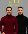 Erkek Fitilli Kazak Tam Boğazlı Balıkçı Yaka Triko 2li Set Bordo-Siyah