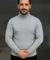 Erkek Fitilli Kazak Tam Boğazlı Balıkçı Yaka Triko 2li Set Gri-Siyah