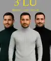 Erkek Fitilli Kazak Tam Boğazlı Balıkçı Yaka Triko 3lü Set  Gri-Haki-Siyah