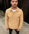 Erkek Fitilli Polar Sweatshirt Düğmesiz Yaka Oversize - Bej
