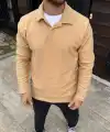 Erkek Fitilli Polar Sweatshirt Düğmesiz Yaka Oversize - Bej