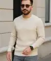 Erkek Fitilli Triko Bisiklet Yaka Kalın Kazak 3lü Set Bej-Bebek Mavisi-Siyah