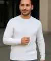 Erkek Fitilli Triko Bisiklet Yaka Kalın Kazak 3lü Set Beyaz-Gri-Siyah