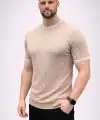 Erkek Fitilli Triko Dokuma Kısa Kol Tişört Yarım Boğaz Modern Yazlık T-Shirt - Bej