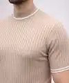 Erkek Fitilli Triko Dokuma Kısa Kol Tişört Yarım Boğaz Modern Yazlık T-Shirt - Bej