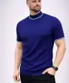 Erkek Fitilli Triko Dokuma Kısa Kol Tişört Yarım Boğaz Modern Yazlık T-Shirt - Lacivert