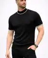 Erkek Fitilli Triko Dokuma Kısa Kol Tişört Yarım Boğaz Modern Yazlık T-Shirt - Siyah