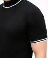 Erkek Fitilli Triko Dokuma Kısa Kol Tişört Yarım Boğaz Modern Yazlık T-Shirt - Siyah