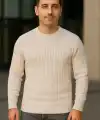 Erkek Fitilli Triko Kazak 2’li Set Bej Beyaz Kalın Dokuma Pamuklu Regular Fit Bisiklet