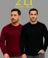 Erkek Fitilli Triko Kazak 2’li Set Siyah Bordo Kalın Dokuma Pamuklu Regular Fit Bisiklet