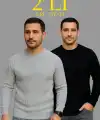 Erkek Fitilli Triko Kazak 2’li Set Siyah Gri Kalın Dokuma Pamuklu Regular Fit Bisiklet