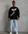 Erkek Güvercin Baskılı 3 iplik Bisiklet Yaka ipamuklu Sweatshirt - Siyah