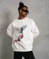 Erkek Güvercin Baskılı 3 iplik pamuklu Bisiklet Yaka Sweatshirt - Beyaz