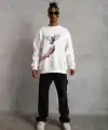 Erkek Güvercin Baskılı 3 iplik pamuklu Bisiklet Yaka Sweatshirt - Beyaz