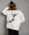 Erkek Güvercin Baskılı 3 iplik pamuklu Bisiklet Yaka Sweatshirt - Beyaz