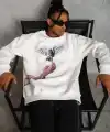 Erkek Güvercin Baskılı 3 iplik pamuklu Bisiklet Yaka Sweatshirt - Beyaz