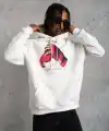 Erkek Kapüşonlu Cepli Boks Eldiven Baskılı 3 İplik Sweatshirt Hoodie - Beyaz