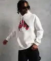 Erkek Kapüşonlu Cepli Boks Eldiven Baskılı 3 İplik Sweatshirt Hoodie - Beyaz