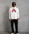 Erkek Kapüşonlu Cepli Boks Eldiven Baskılı 3 İplik Sweatshirt Hoodie - Beyaz
