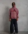 Erkek Kapüşonlu Cepli Box Eldiven Baskılı 3 İplik Sweatshirt Hoodie - Gül Kurusu