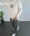 Erkek Kapüşonlu Kanguru Cepli Sweatshirt 3 İplik Pamuklu Baskılı Hoodie - Beyaz