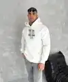 Erkek Kapüşonlu Kanguru Cepli Sweatshirt 3 İplik Pamuklu Baskılı Hoodie - Beyaz