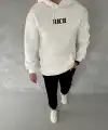 Erkek Kapüşonlu Kanguru Cepli Sweatshirt 3 İplik Pamuklu Baskılı Hoodie -  Beyaz