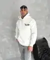 Erkek Kapüşonlu Kanguru Cepli Sweatshirt 3 İplik Pamuklu Baskılı Hoodie - Beyaz