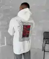 Erkek Kapüşonlu Kanguru Cepli Sweatshirt 3 İplik Pamuklu Baskılı Hoodie - Beyaz