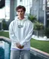 Erkek Kapüşonlu Kanguru Cepli Sweatshirt 3 İplik Pamuklu Baskılı Hoodie - Beyaz