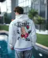 Erkek Kapüşonlu Kanguru Cepli Sweatshirt 3 İplik Pamuklu Baskılı Hoodie - Beyaz