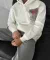 Erkek Kapüşonlu Kanguru Cepli Sweatshirt 3 İplik Pamuklu Baskılı Hoodie - Beyaz