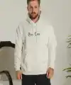 Erkek Kapüşonlu Kanguru Cepli Sweatshirt 3 İplik Pamuklu Baskılı Hoodie - Beyaz