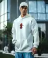 Erkek Kapüşonlu Kanguru Cepli Sweatshirt 3 İplik Pamuklu Baskılı Hoodie -  Beyaz