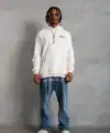 Erkek Kapüşonlu Kanguru Cepli Sweatshirt 3 İplik Pamuklu Baskılı Hoodie - Beyaz