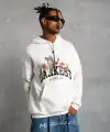 Erkek Kapüşonlu Kanguru Cepli Sweatshirt 3 İplik Pamuklu Baskılı Hoodie - Beyaz