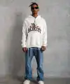 Erkek Kapüşonlu Kanguru Cepli Sweatshirt 3 İplik Pamuklu Baskılı Hoodie - Beyaz