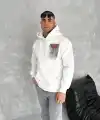 Erkek Kapüşonlu Kanguru Cepli Sweatshirt 3 İplik Pamuklu Baskılı Hoodie - Beyaz