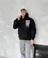 Erkek Kapüşonlu Kanguru Cepli Sweatshirt 3 İplik Pamuklu Baskılı Hoodie - Siyah