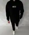 Erkek Kapüşonlu Kanguru Cepli Sweatshirt 3 İplik Pamuklu Baskılı Hoodie -  Siyah