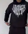 Erkek Kapüşonlu Kanguru Cepli Sweatshirt 3 İplik Pamuklu Baskılı Hoodie -  Siyah