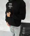 Erkek Kapüşonlu Kanguru Cepli Sweatshirt 3 İplik Pamuklu Baskılı Hoodie - Siyah