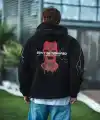 Erkek Kapüşonlu Kanguru Cepli Sweatshirt 3 İplik Pamuklu Baskılı Hoodie -  Siyah
