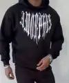 Erkek Kapüşonlu Kanguru Cepli Sweatshirt 3 İplik Pamuklu Baskılı Hoodie -  Siyah