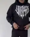 Erkek Kapüşonlu Kanguru Cepli Sweatshirt 3 İplik Pamuklu Baskılı Hoodie -  Siyah