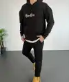 Erkek Kapüşonlu Kanguru Cepli Sweatshirt 3 İplik Pamuklu Baskılı Hoodie - Siyah