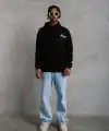 Erkek Kapüşonlu Kanguru Cepli Sweatshirt 3 İplik Pamuklu Baskılı Hoodie - Siyah