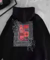 Erkek Kapüşonlu Kanguru Cepli Sweatshirt 3 İplik Pamuklu Baskılı Hoodie - Siyah