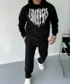 Erkek Kapüşonlu Kanguru Cepli Sweatshirt 3 İplik Pamuklu Baskılı Hoodie -  Siyah